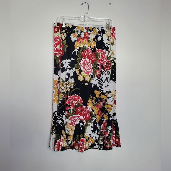 Floral Midi Skirt Bright Bold Tropical Ruffle Twee Bloomcore Teacher Large - Picture 4 of 6
